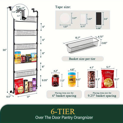 Over the Door Pantry Organizer 6 or 8 Shelf - Heavy-Duty Metal Hanging Storage Rack for Kitchen, Bathroom & Laundry Room, Space-Saving Spice & Food Organizer, Black or White