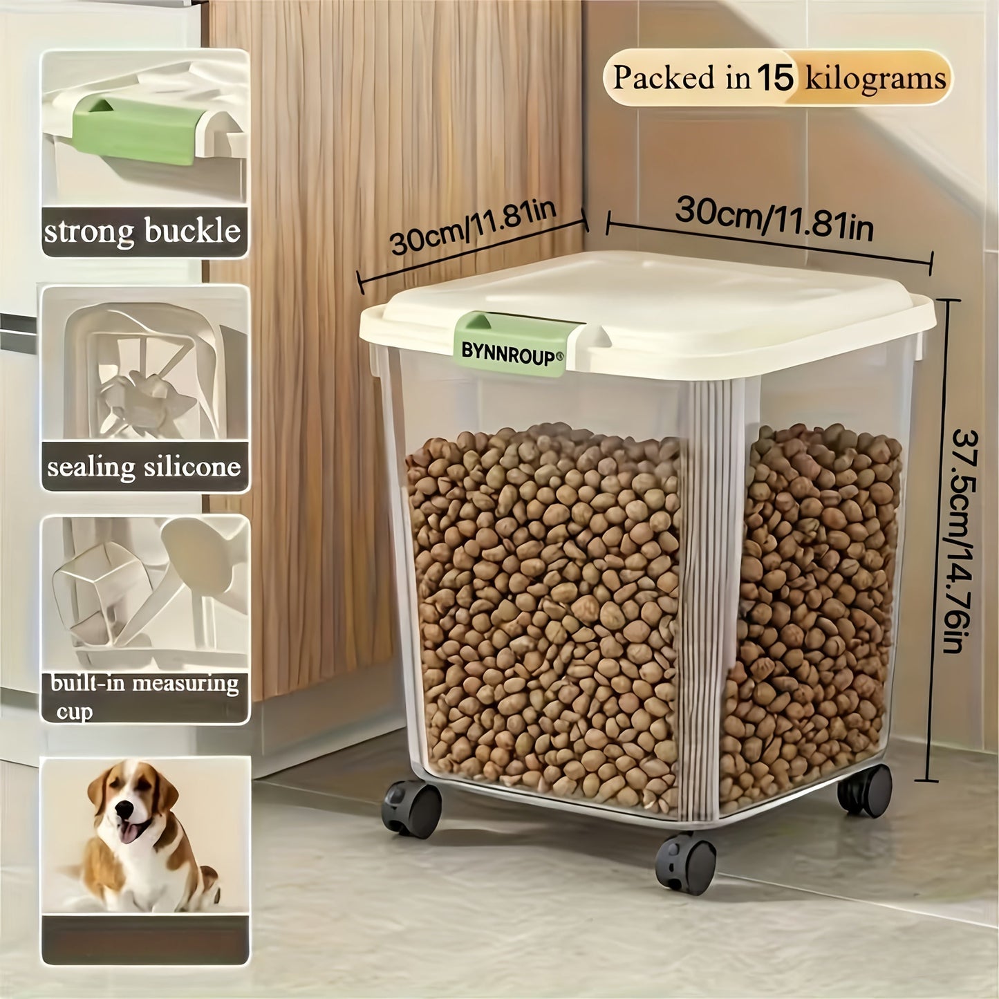 Pet Food Storage Container with Locking Lid & Scoop – Moisture-Proof Airtight Bin 6-55 lbs, Optional Wheels & Cute Sticker, Large Capacity for Cat & Dog Food Grains Flour