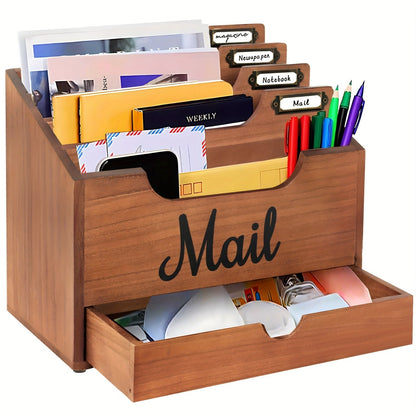 Large Solid Wood Desktop Mail Organizer with Drawer and 4 Compartments Labelable Dividers for Files Letters Paper Folders Desk Organizer for Home Office Students and Professionals