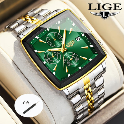 LIGE Men's Square Analog Quartz Watch – Stainless Steel Strap Calendar Display, Preppy Sport Fashion Wristwatch for Men Teens, 8 Color Options, Birthday Graduation Gift Blue Black Gold