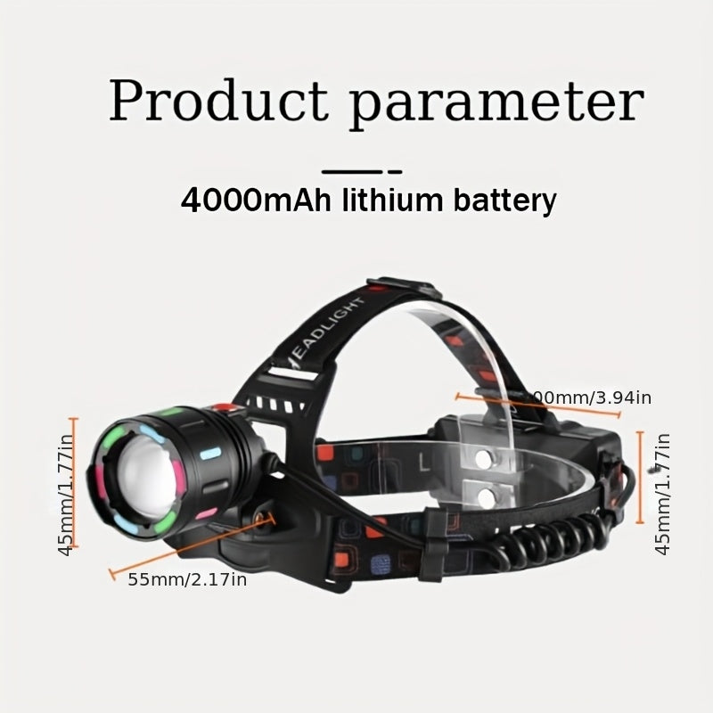 LED Headlamp Rechargeable 4 Modes Adjustable Focal Length 90° Tilt Warning Taillight Camping Hiking Adventure Emergency Repair Work Durable Headlight for Adults