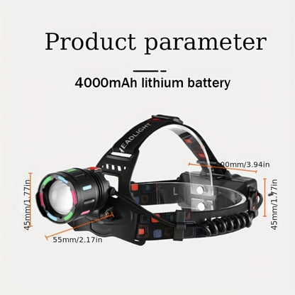 LED Headlamp Rechargeable 4 Modes Adjustable Focal Length 90° Tilt Warning Taillight Camping Hiking Adventure Emergency Repair Work Durable Headlight for Adults