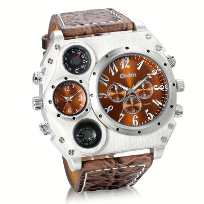 Men's Dual Time Zone Big Dial Quartz Watch – Faux Leather Strap, Luminous Hands, Stainless Steel Case, Casual Sports Wristwatch for Men, Perfect Gift