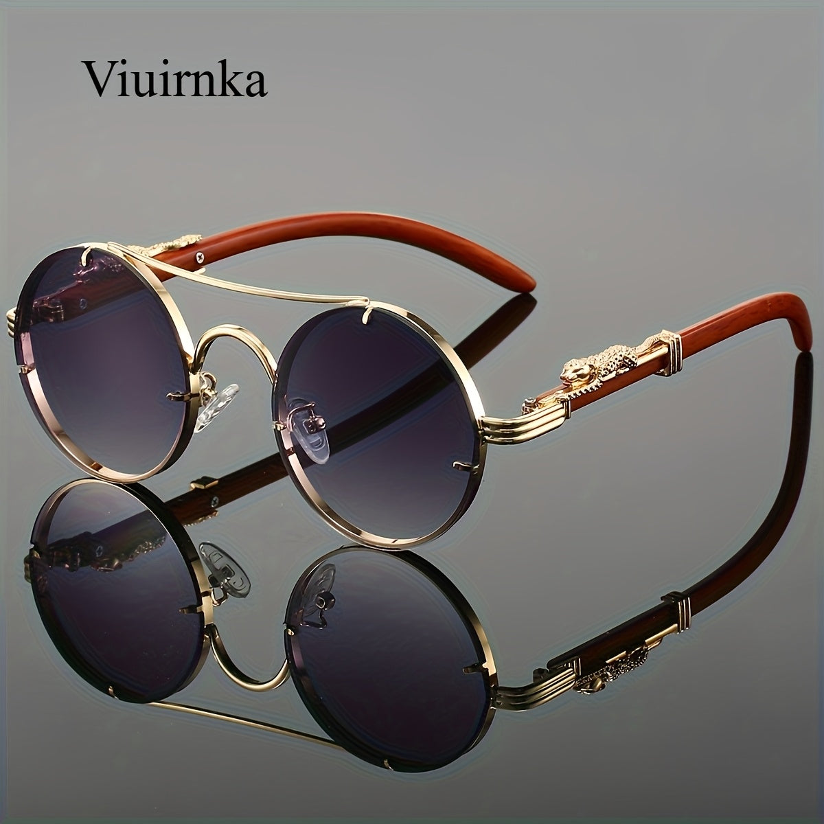 Round Metal Frame Sunglasses with Gradient PC Lenses Double Bridge Leopard Hinges Unisex Trendy Eyewear with Protection Case for Women and Men Vacation Street Style