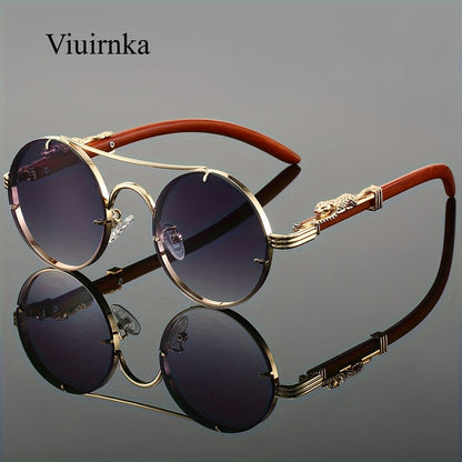 Round Metal Frame Sunglasses with Gradient PC Lenses Double Bridge Leopard Hinges Unisex Trendy Eyewear with Protection Case for Women and Men Vacation Street Style