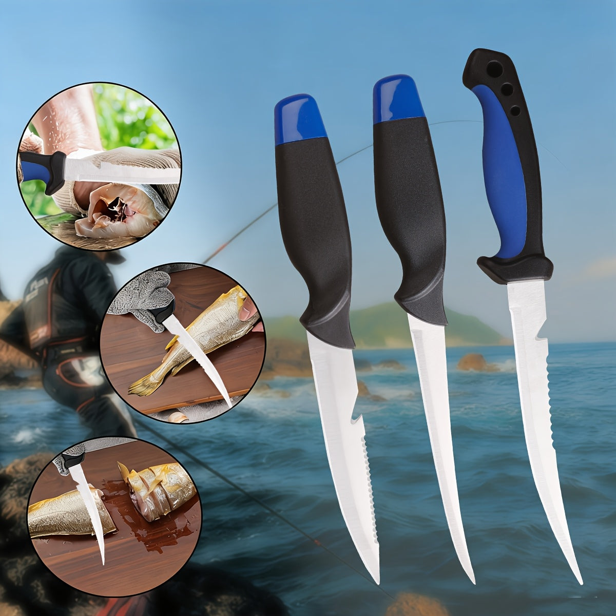 3 Piece Fishing Knife Set with Stainless Steel Blades, Fish Fillet Boning Gutting Knives with Cut Resistant Gloves, Fishing Line Cutter & Cord – Unique Fishing Gift for Anglers & Campers