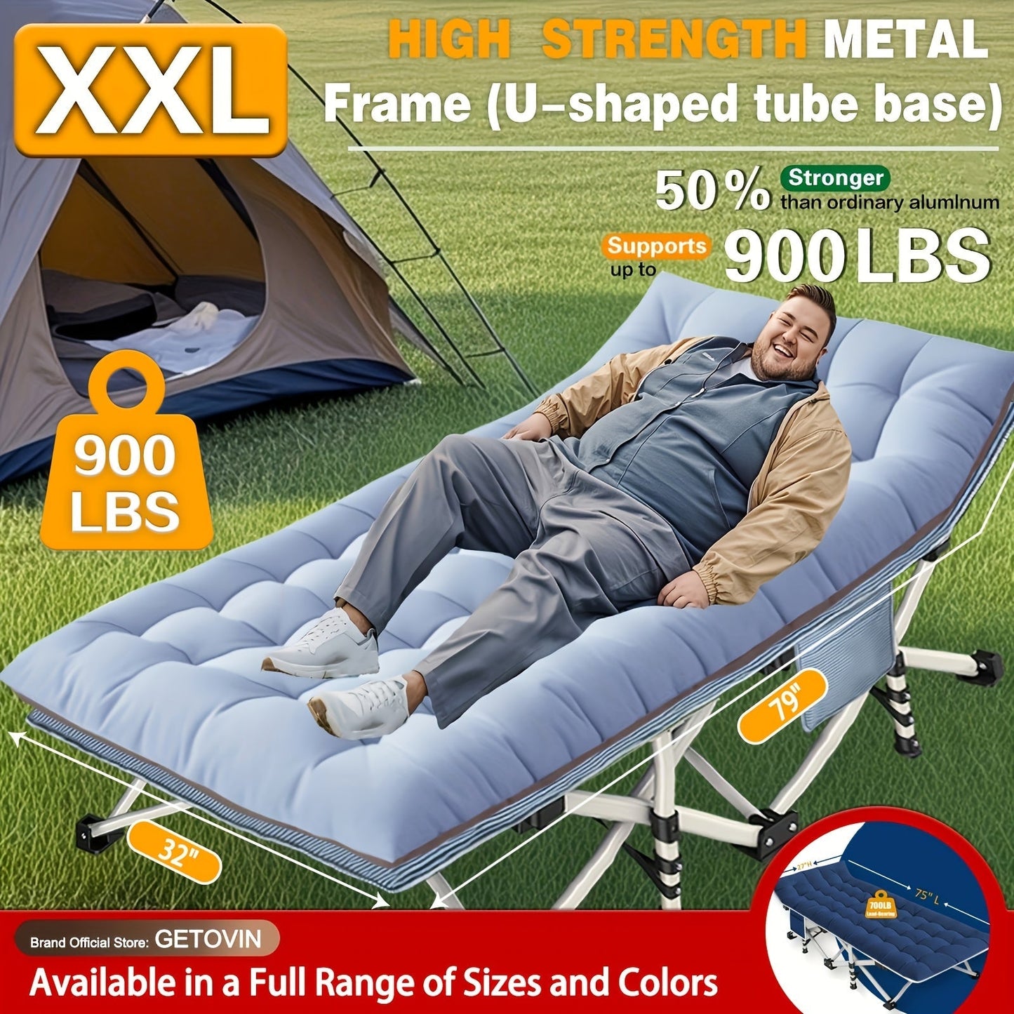 Folding Camping Cot with Mattress 75"-79" – Heavy Duty Portable Sleeping Cot for Adults Kids & Teens, Max Load 700-900lbs, for Camping Home Office Beach Garden & Fishing