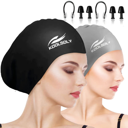 Silicone Swimming Cap 2 Pack with Ear Protection for Long Hair – Includes Earplugs & Nose Clip, Waterproof Swim Cap Set, 11 Color Options for Women Men Adults