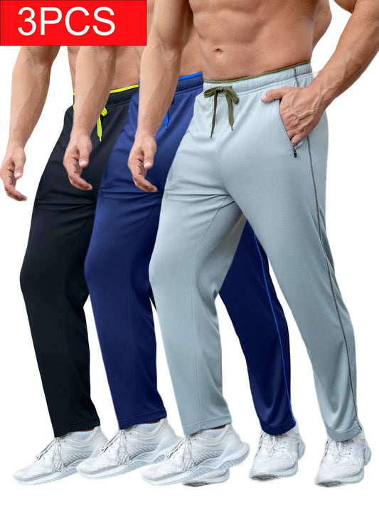Men's Lightweight Sweatpants 3-Pack with Pockets – Open Bottom Athletic Jogger Pants for Workout Jogging Gym Running & Training, Sizes S-XXXL, 3 Color Sets