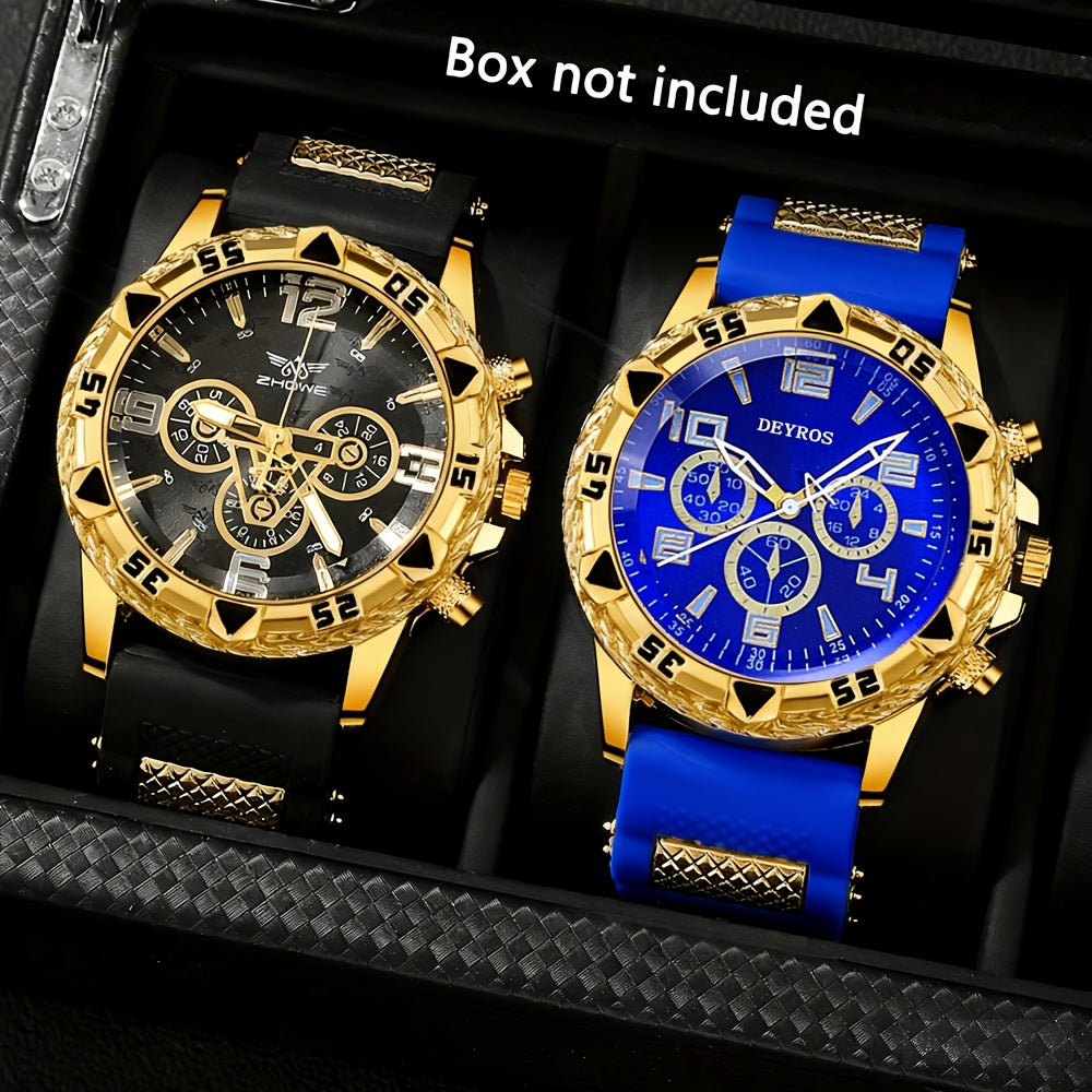 2-Pack Men's Large Dial Silicone Strap Quartz Watch Set Sports Business Casual Wristwatch Round Dial 5 Color Combos Gift for Him