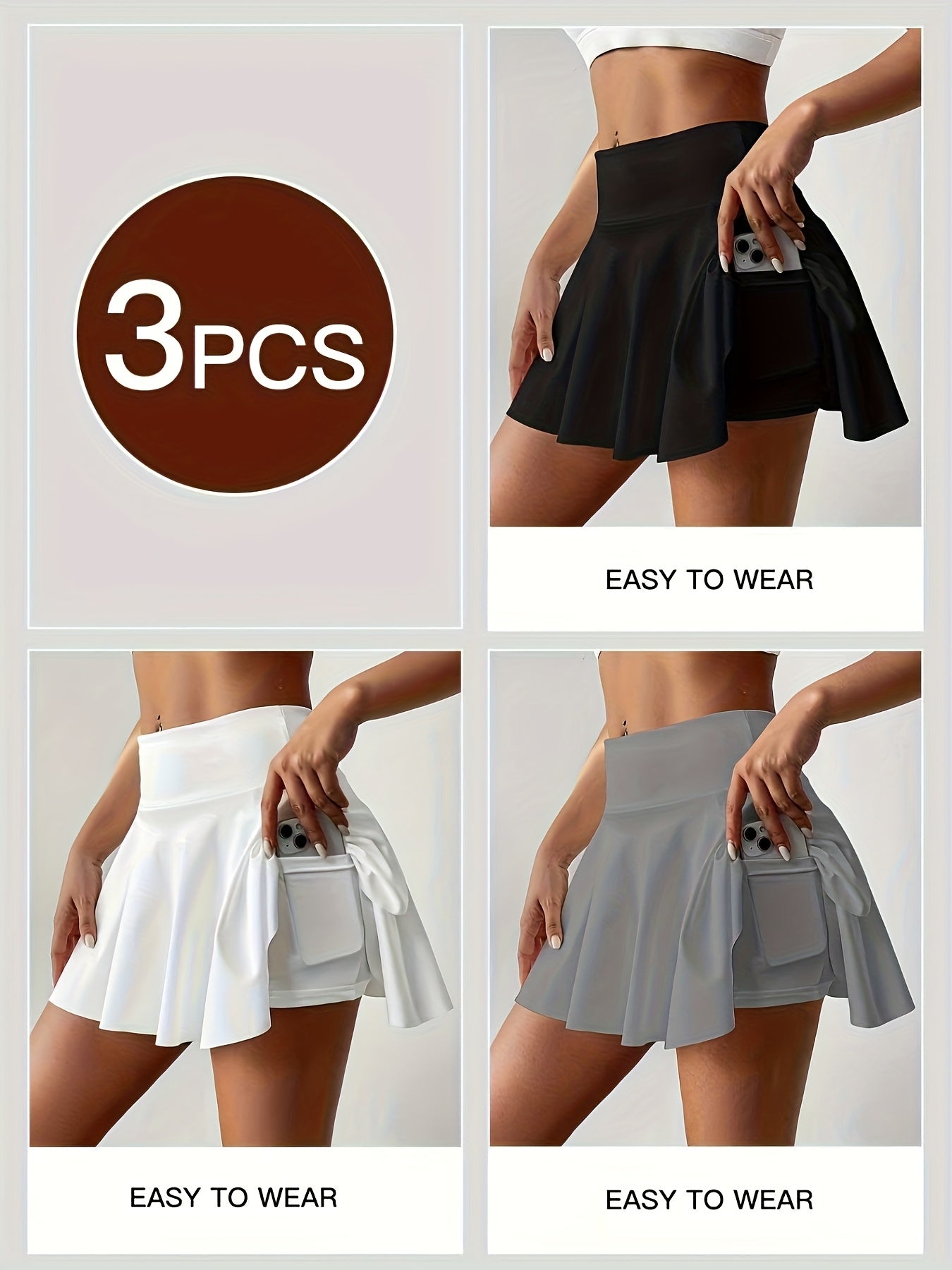 Women's Athletic Pleated Tennis Skort 3-Pack High Waist with Pockets Stretchy Polyester Yoga Skirt Machine Washable Side Tie Detail Comfort Fit for Tennis Yoga Gym Dance Sizes S-XXL