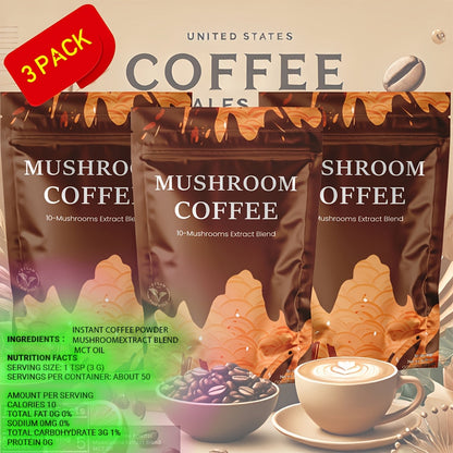 Mushroom Coffee with 10 Adaptogenic Mushrooms & MCT Oil – USA Grown Instant Coffee, Lion's Mane, Turkey Tail, Shiitake, 6.35 oz, Available in 1, 3 & 6 Pack