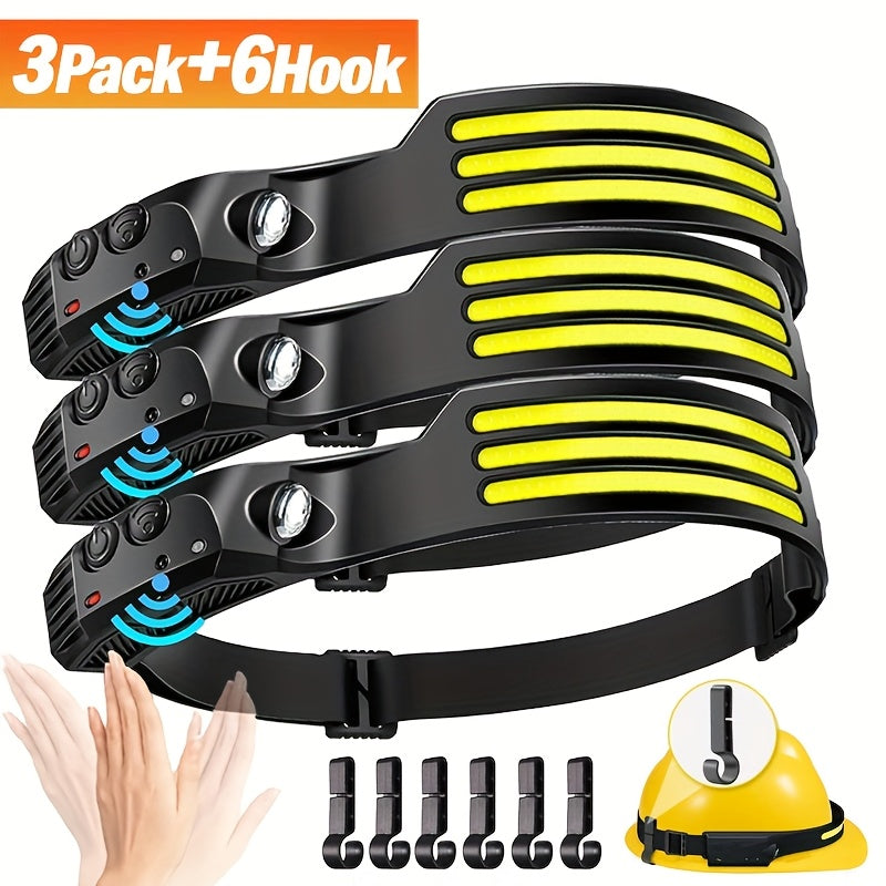 3 Pack Rechargeable COB LED Headlamp 230° Wide Beam Motion Sensor 5 Modes with 6 Hooks – Bright Headband Flashlight for Camping Hiking Work Hard Hat Forehead Head Light for Adults (Single/Dual/Triple Strip)