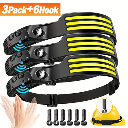 3 Pack Rechargeable COB LED Headlamp 230° Wide Beam Motion Sensor 5 Modes with 6 Hooks – Bright Headband Flashlight for Camping Hiking Work Hard Hat Forehead Head Light for Adults (Single/Dual/Triple Strip)