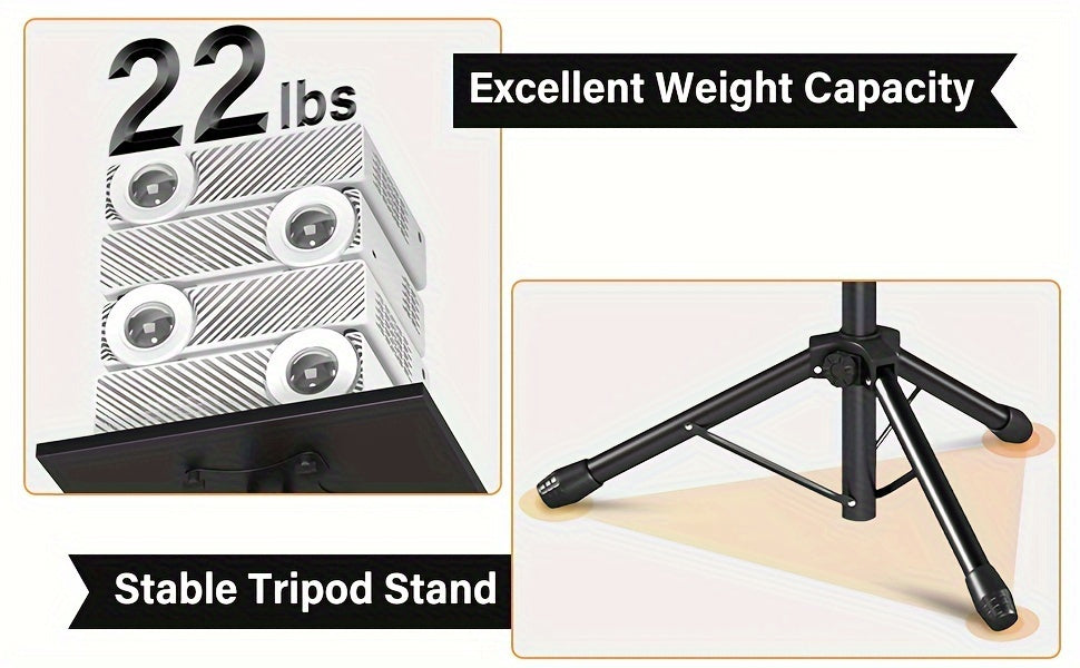 Projector & Laptop Tripod Stand – Height Adjustable with Gooseneck Phone Holder, 180° Tilt Tray, 22 lb Capacity, Portable Floor Stand for Office Home Stage Studio & DJ