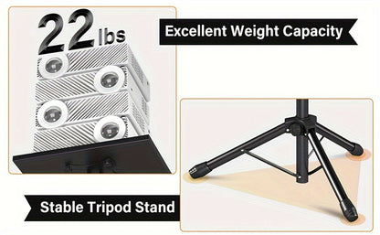 Projector & Laptop Tripod Stand – Height Adjustable with Gooseneck Phone Holder, 180° Tilt Tray, 22 lb Capacity, Portable Floor Stand for Office Home Stage Studio & DJ