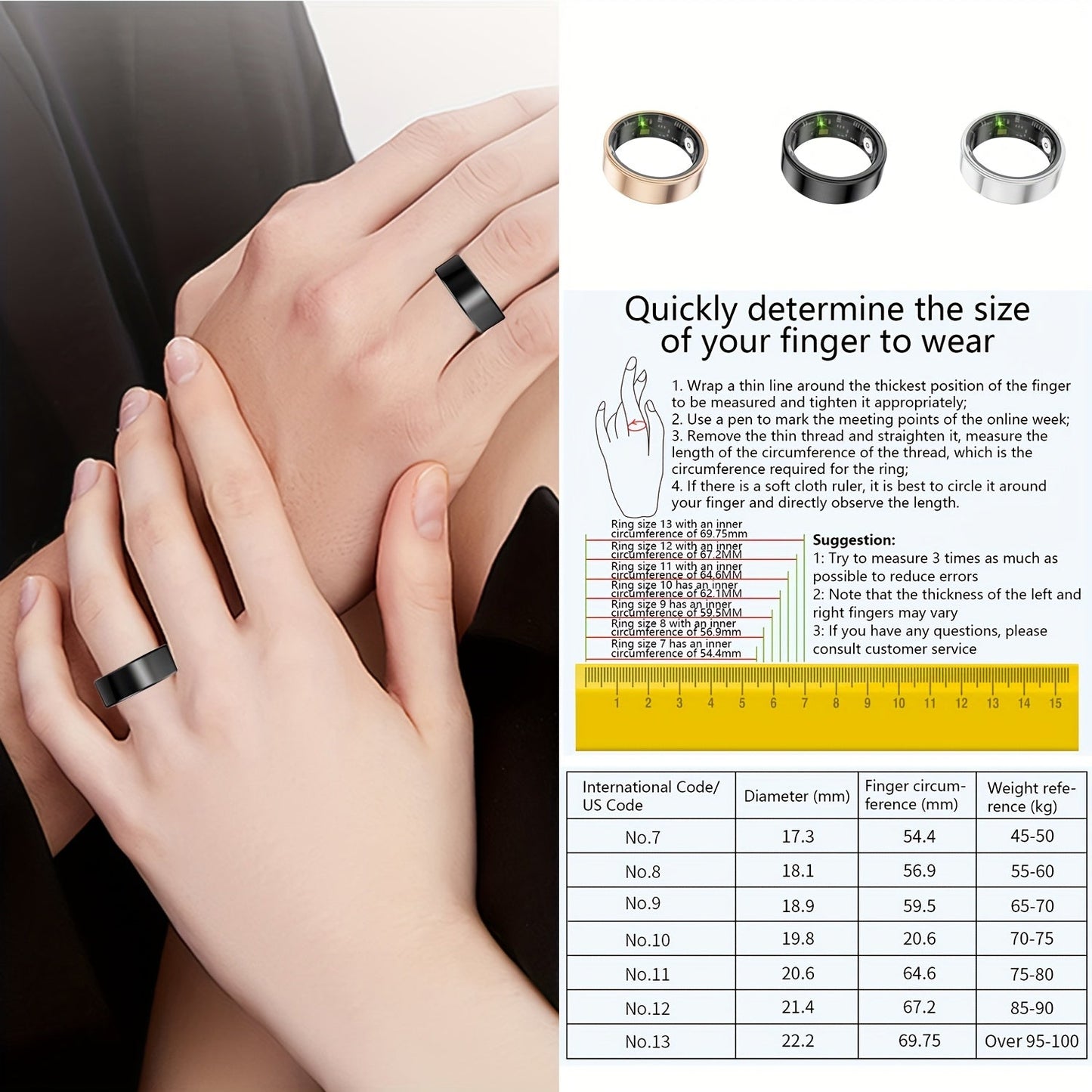 Smart Ring Health Fitness Tracker Bluetooth 5.3 IP68 Waterproof Sport Mode Pedometer Sleep Step Calorie Stress Body Temp Period Tracker for Men Women Android iPhone Gift
