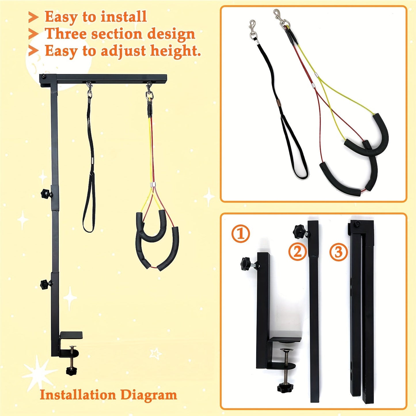 Dog Grooming Arm with Clamp 36 Inch – Adjustable Heavy-Duty Iron No-Sit Haunch Holder, 3-Section Design for Small & Medium Dogs and Cats, Includes Colorful Positioning Ropes, Professional Pet Grooming