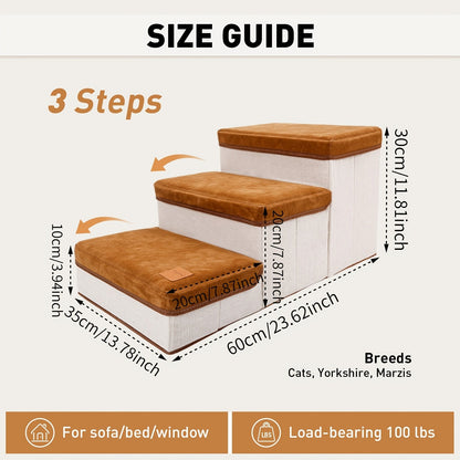 3-Tier Foldable Dog Stairs for Small Dogs – Non-Slip Nylon Pet Ramp for High Beds & Sofas, Compact Foldable Design, Brown & White, Includes Bonus Chicken Leg Plush Toy