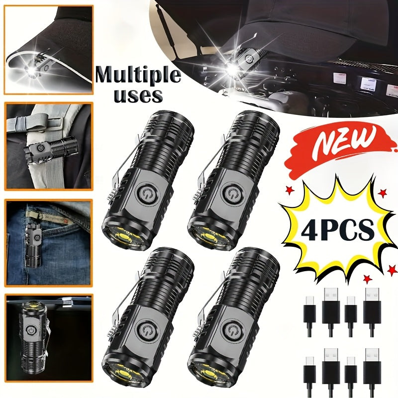 Rechargeable LED Flashlight 4-Pack - Super Bright Zoomable Spotlight, USB Charging, Long Range Tactical Work Light for Camping, Hiking, Emergency & Outdoor Survival, High-Power LED Torch Set