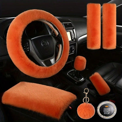 Fluffy Plush Car Steering Wheel Cover 8-Piece Interior Set - Rex Rabbit Fur Universal Fit 14.5-15 Inch, Cute Women's Car Accessories in 12 Colors for SUV Sedan Truck, Pink Purple Black & More
