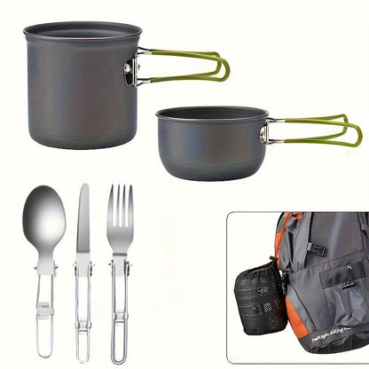 304 Stainless Steel Camping Cookware Set with Foldable Storage – Durable Compact Pot with Knives & Forks Utensils for Outdoor Backpacking Hiking Picnics & Camping, Green & Orange, Lightweight Camp Kitchen Kit