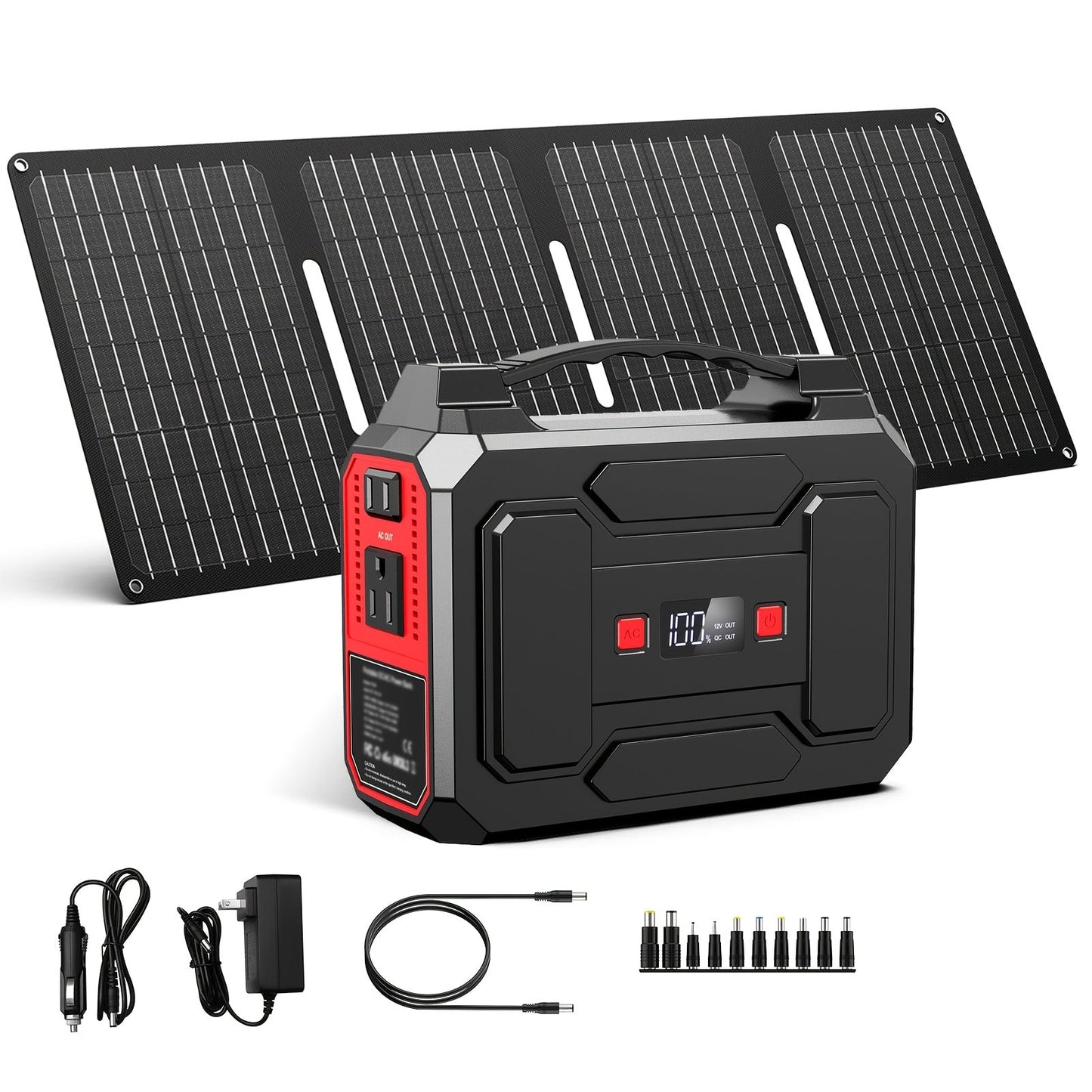 Portable Power Station 100W / 300W Solar Generator – AC Outlet, USB QC3.0, DC Port, LED Flashlight, High Capacity Battery Pack for Camping Hiking Road Trip CPAP Hurricane Emergency