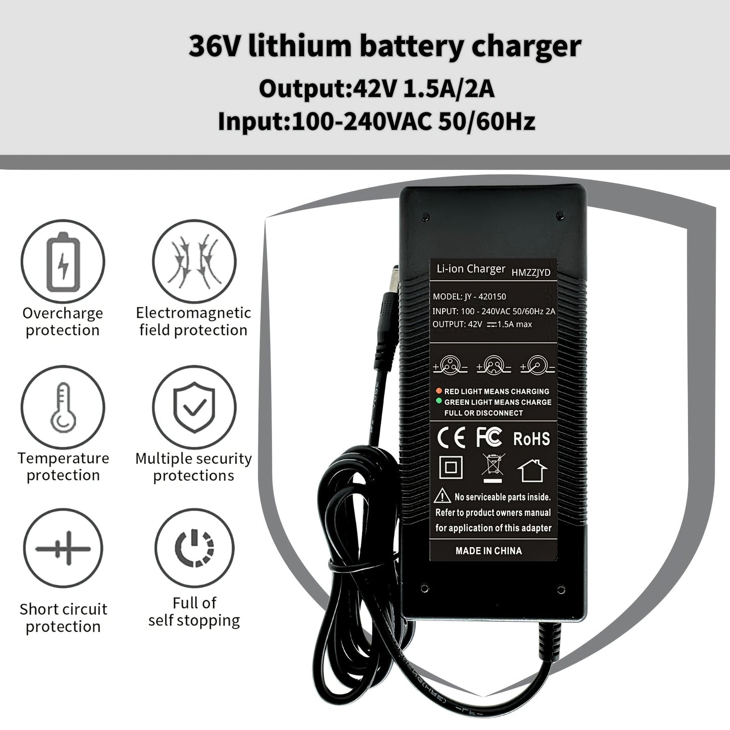 42V 2A Fast Charger Compatible with Gotrax GXL V2 S2 Electric Scooter, 36V Lithium Battery Charger for Hoverboard Self-Balancing Scooter, LED Indicator Safe Charging Power Adapter – Not for Lead-Acid