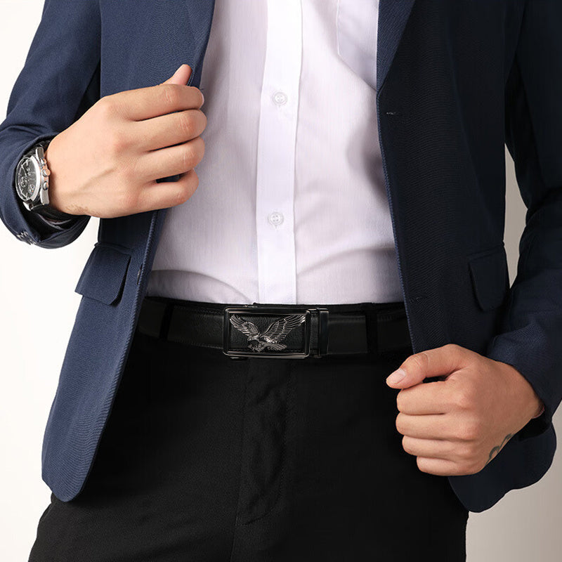 2pcs Men's Genuine Leather Belt Set with Automatic Ratchet Buckle – Adjustable Comfort Fit for 30"-44" Waist, Business & Casual Dress Belts in Black Light Brown & Black Dark Brown