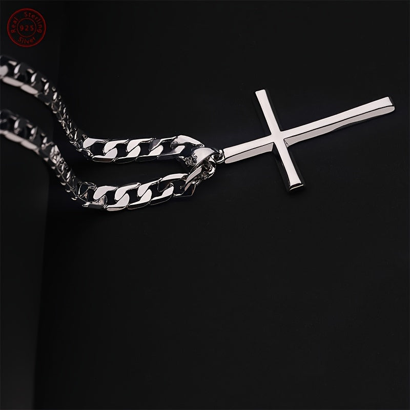S925 Sterling Silver 5mm Cuban Chain Cross Pendant Necklace 4g – 22in/24in, Gift Box Included, Faith Jewelry for Men & Women, Anniversary, Christmas & Birthday Gift