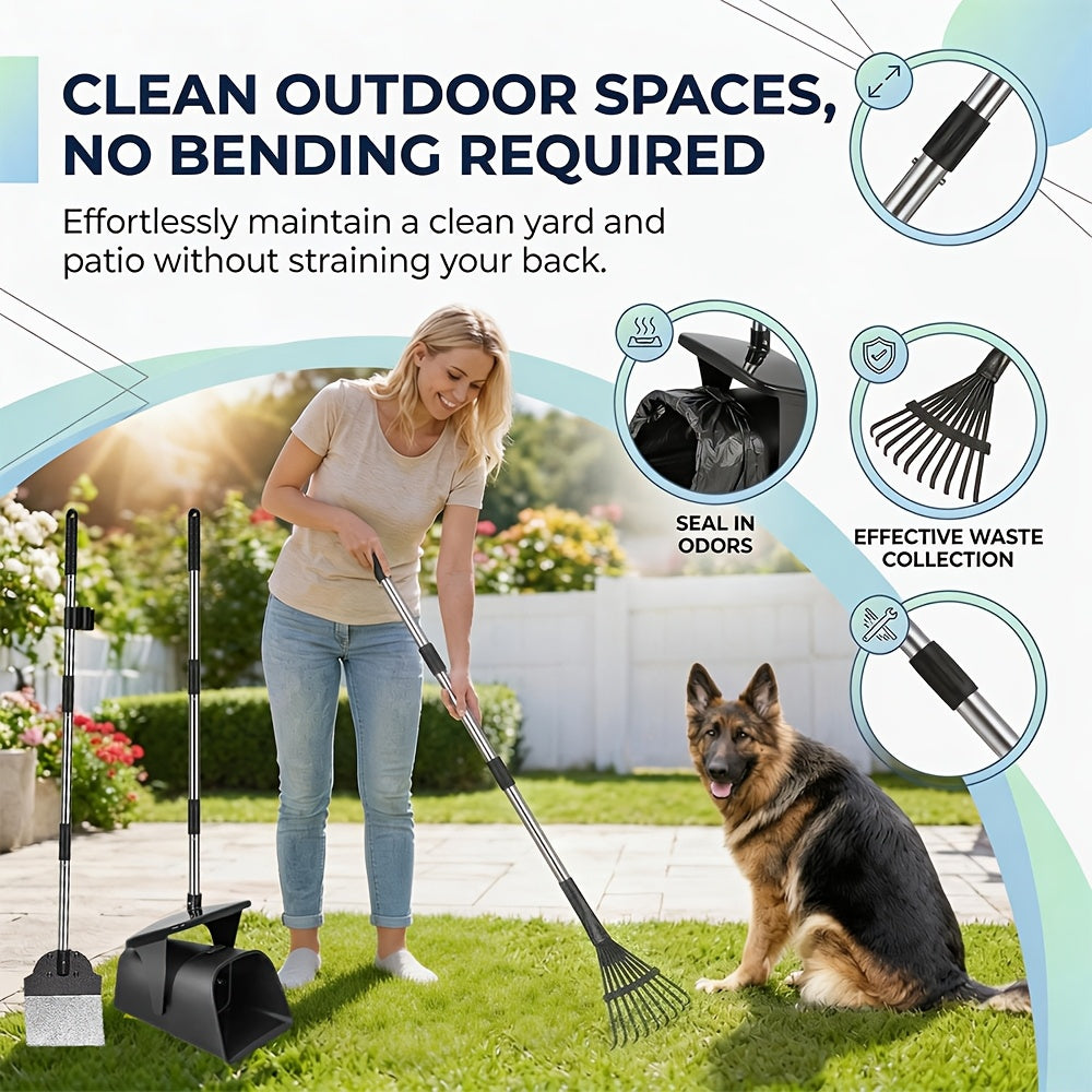 Dog Pooper Scooper Set Heavy Duty with Swivel Bin, Rake & Spade – Long Handle Pet Waste Removal Tool for Grass, Dirt & Gravel, Includes 40 Waste Bags, Great for Large Dogs