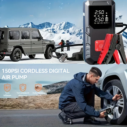 10000A Car Jump Starter with 350PSI Air Compressor, 9-in-1 Portable Battery Jump Starter Pack with LED Light, USB Type-C Fast Charging, Tire Inflator – 12V Car Emergency Kit & Gift