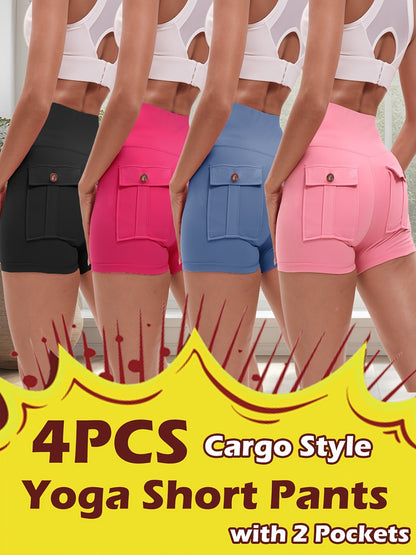 4-Piece Women's High-Stretch Yoga Shorts Set – Hip Lifting Quick-Dry Fitness Shorts with Elastic Waist & 2 Pockets, Solid Color Athletic Short Pants for Gym Running Pilates, S-XXL