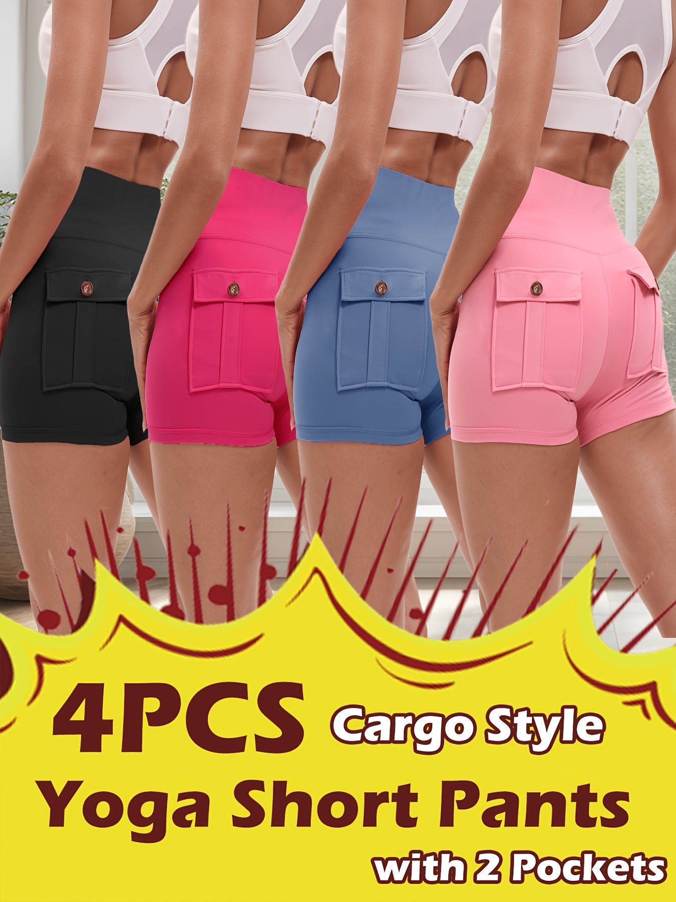 4-Piece Women's High-Stretch Yoga Shorts Set – Hip Lifting Quick-Dry Fitness Shorts with Elastic Waist & 2 Pockets, Solid Color Athletic Short Pants for Gym Running Pilates, S-XXL
