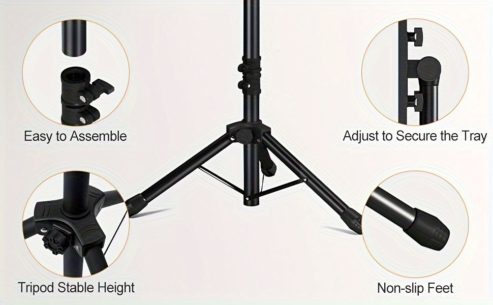 Projector & Laptop Tripod Stand – Height Adjustable with Gooseneck Phone Holder, 180° Tilt Tray, 22 lb Capacity, Portable Floor Stand for Office Home Stage Studio & DJ