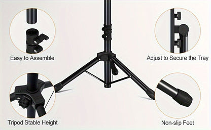 Projector & Laptop Tripod Stand – Height Adjustable with Gooseneck Phone Holder, 180° Tilt Tray, 22 lb Capacity, Portable Floor Stand for Office Home Stage Studio & DJ