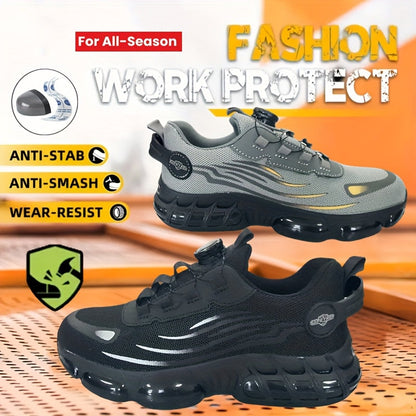 Steel Toe Work Shoes for Men & Women – Lightweight Breathable Safety Sneakers with Anti-Slip Sole, Low-Top Round Toe – Ideal for Construction, Warehouse, Outdoor & Camping (Black/Grey, US 5–12.5)