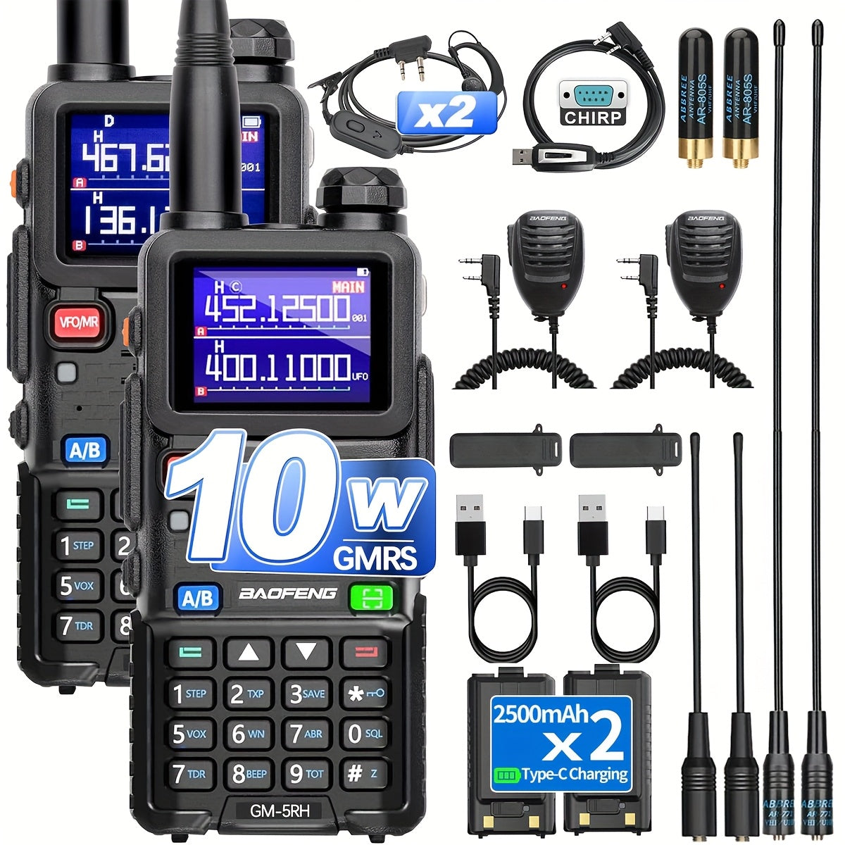 BAOFENG GM-5RH 10W Long Range GMRS Radio 2-Pack - Handheld Two-Way Radio with NOAA Weather, USB-C Charging, 999CH, 2500mAh Battery, 771 & 805S Antenna for Hunting Camping Climbing