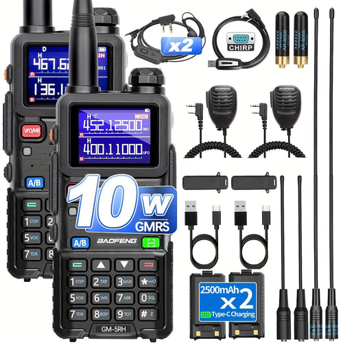 BAOFENG GM-5RH 10W Long Range GMRS Radio 2-Pack - Handheld Two-Way Radio with NOAA Weather, USB-C Charging, 999CH, 2500mAh Battery, 771 & 805S Antenna for Hunting Camping Climbing