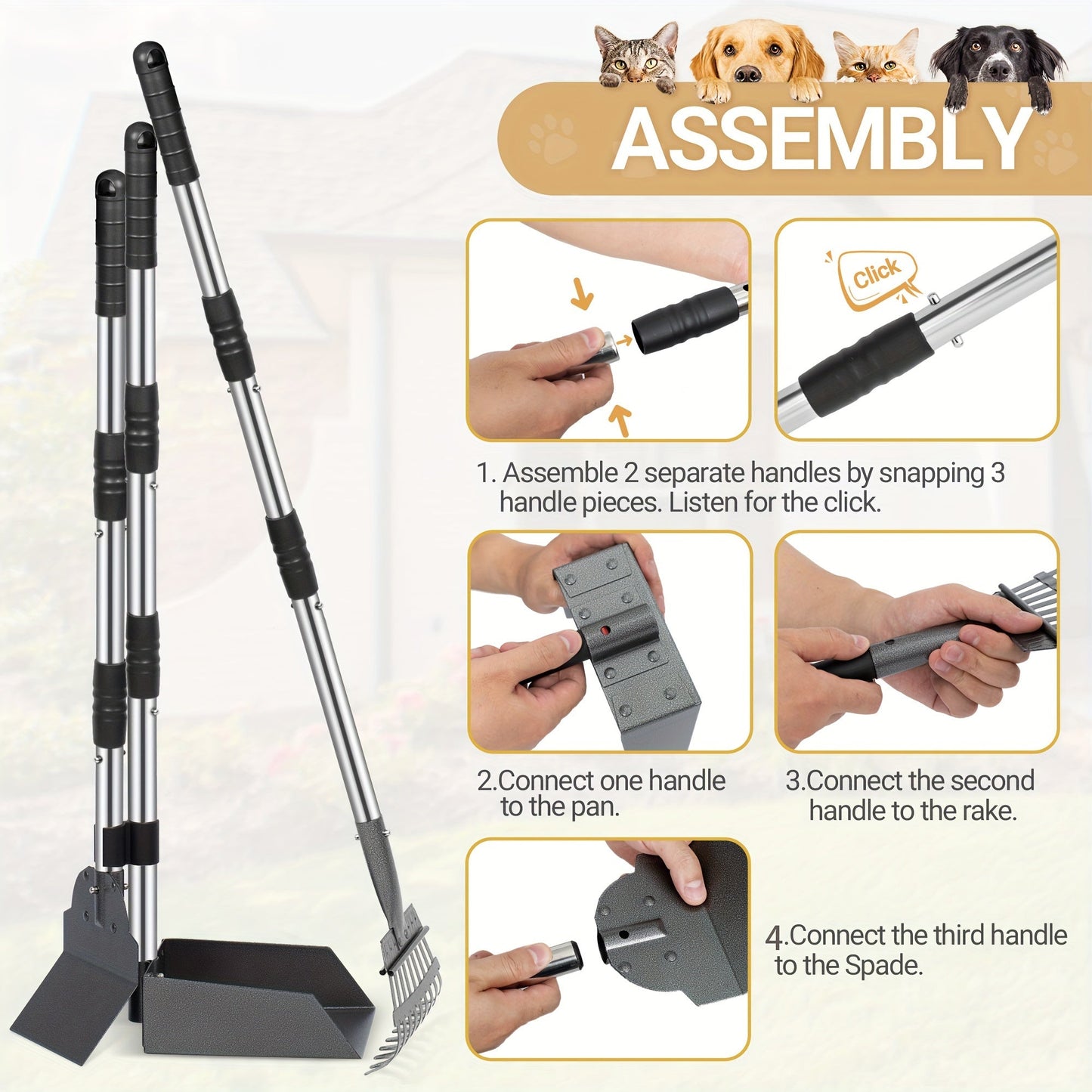 Stainless Steel Dog Pooper Scooper Set with Adjustable Long Handle – Rust-Proof Tray & Rake Pet Waste Removal Tool, No Bending, Easy to Clean, Ideal for All Dog Breeds, Outdoor Yard & Grass Use