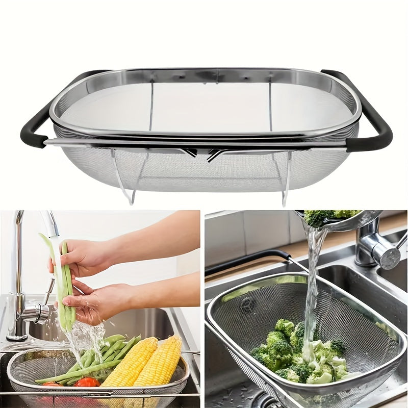Expandable Stainless Steel Colander Strainer – Fine Mesh Drain Basket for Vegetables Fruits Pasta, Food-Safe Kitchen Essentials, Adjustable Size, Easy Storage
