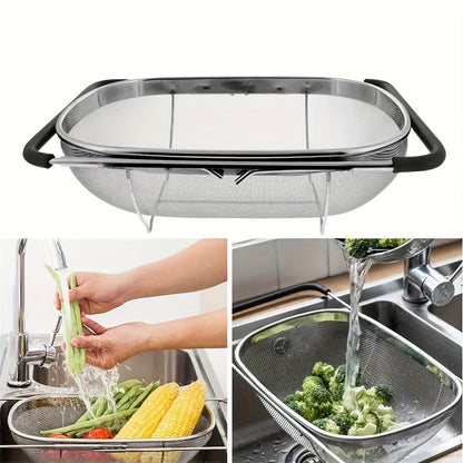 Expandable Stainless Steel Colander Strainer – Fine Mesh Drain Basket for Vegetables Fruits Pasta, Food-Safe Kitchen Essentials, Adjustable Size, Easy Storage