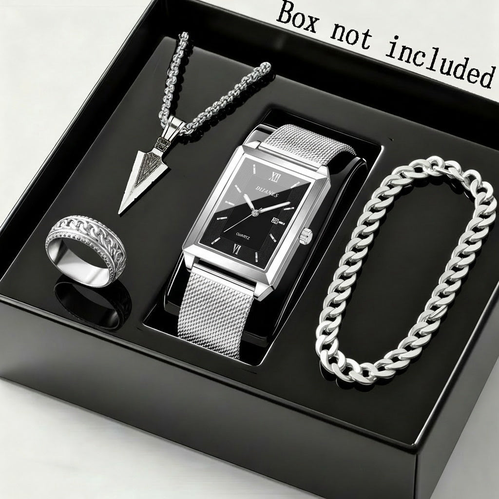 4pcs Men's Fashion Quartz Watch & Jewelry Set – Stainless Steel Strap Date Display Watch with Necklace Bracelet Ring, Business Casual Elegant Gift Set for Men in Gold Silver Black