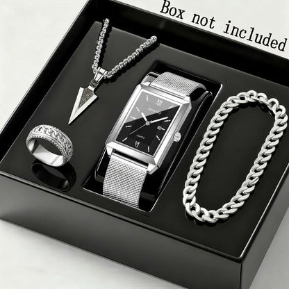 4pcs Men's Fashion Quartz Watch & Jewelry Set – Stainless Steel Strap Date Display Watch with Necklace Bracelet Ring, Business Casual Elegant Gift Set for Men in Gold Silver Black