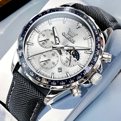 OLEVS Men's Luxury Quartz Watch – Moon Phase Calendar Big Face Chronograph, Waterproof Leather Wristwatch with Luminous Hands, Elegant Dress Watch for Men, Birthday Father's Day Gift Blue Black White Green