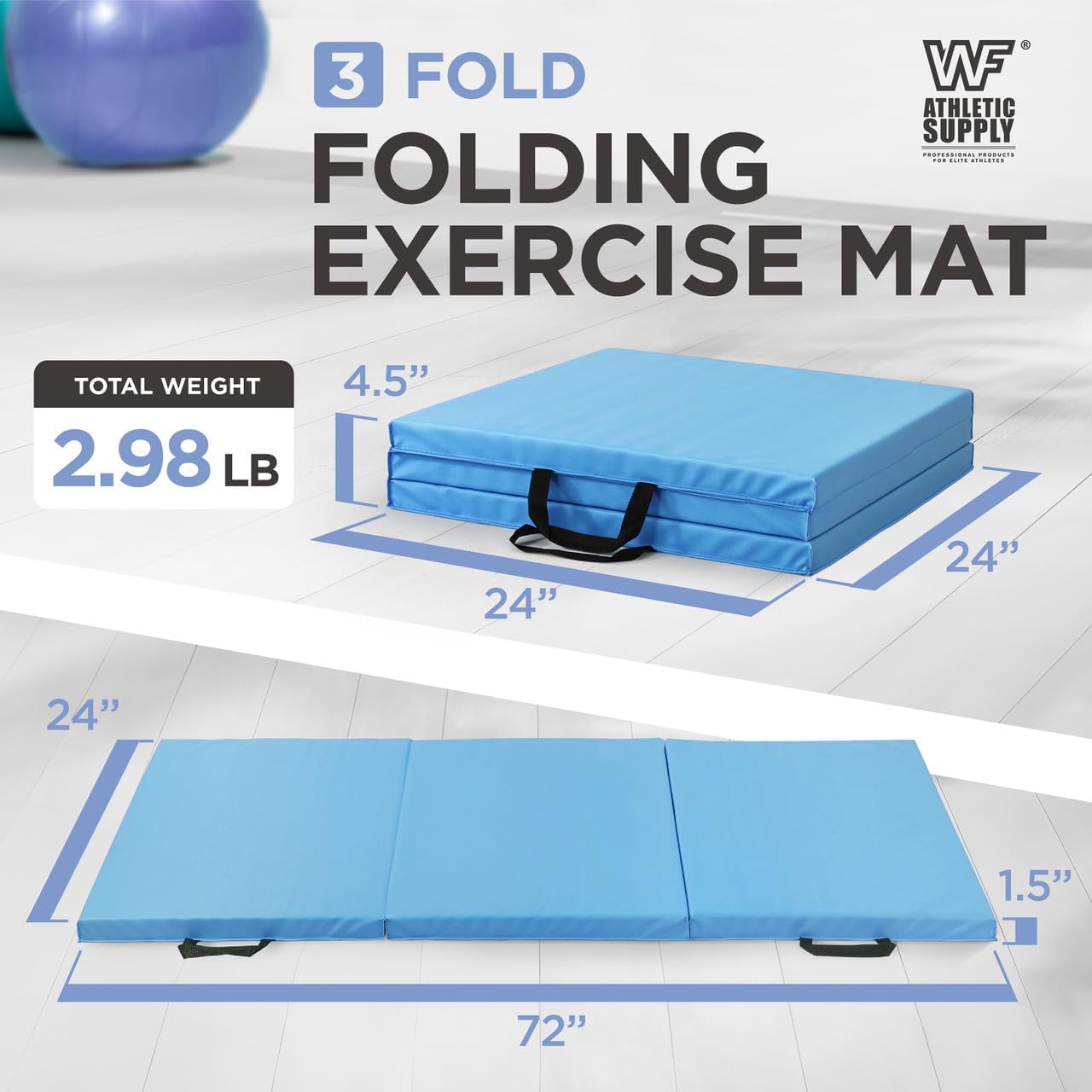 Tri Fold Folding Exercise Mat 1.5" Thick with Carrying Handles - High Density Foam Foldable Gym Mat for Gymnastics, Yoga, MMA, Core Workouts & Stretching, 72" x 24", Easy Storage & Portable