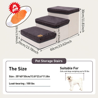 3-Tier Foldable Dog Stairs for Small Dogs – Non-Slip Nylon Pet Ramp for High Beds & Sofas, Compact Foldable Design, Brown & White, Includes Bonus Chicken Leg Plush Toy