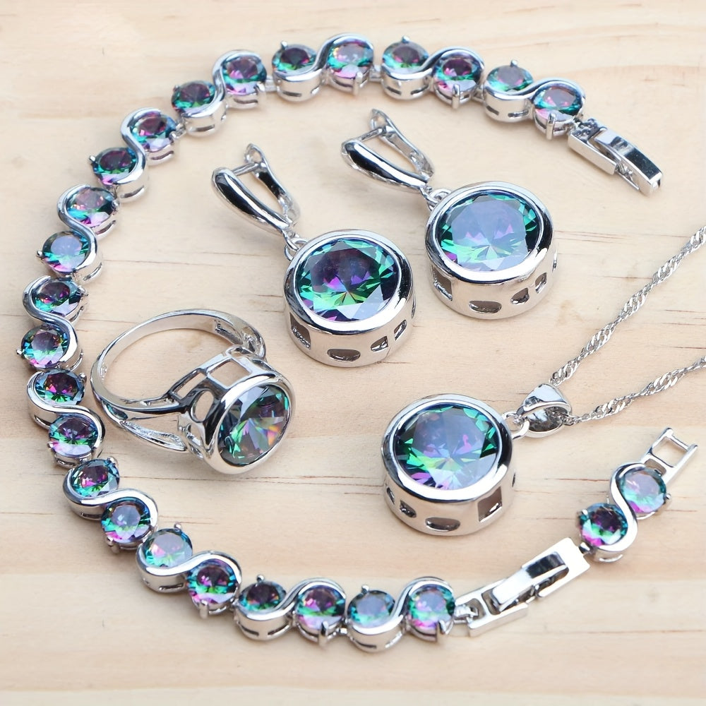 5Pcs Vintage Rainbow Cubic Zirconia Jewelry Set for Women – Silver Plated Ring, Earrings, Pendant & Necklace, Dazzling CZ Bridal Jewelry Gift for Weddings, Anniversaries, Birthdays & Engagements