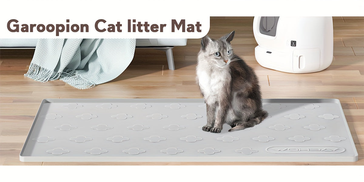 XXL Silicone Cat Litter Mat 3-in-1 – Washable Non-Slip Floor Protector with Raised Edges, Traps Litter, Kibble & Crumbs, Foldable Pet Feeding Mat for Cats, 34x22 Inch, Light Grey & Dark Gray