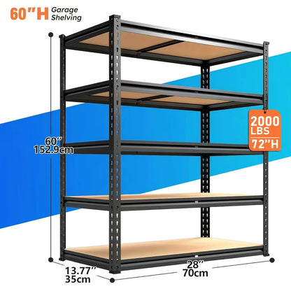 Heavy Duty 5-Tier Metal Shelving Unit 2000 LBS 60"H Adjustable Steel Rack – Garage Storage Shelves for Basement, Pantry, Closet & Utility Room, Local US Warehouse